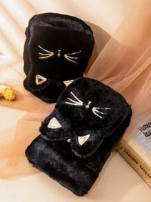 1 Pair Women's Cat Cartoon Convertible Half Finger Gloves, Warm Plush Lining Thick Winter Gloves