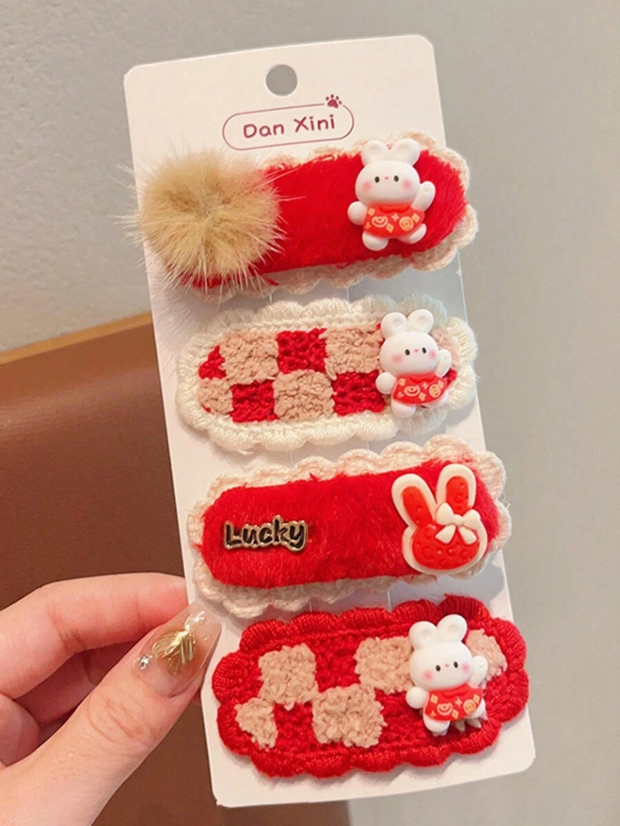 4入組女童時尚針織蝴蝶結髮夾,樹脂裝飾