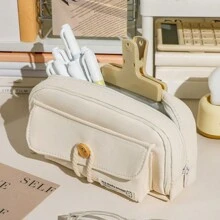 1 Miếng Dễ thương Màu be Dây thừng Nút Túi bút chì , 3 lớp Dung lượng lớn Học sinh Hộp bút Với Lưới Ngăn đựng bút Đa chức năng Văn phòng phẩm Túi bảo quản - Màu be - Xem 4