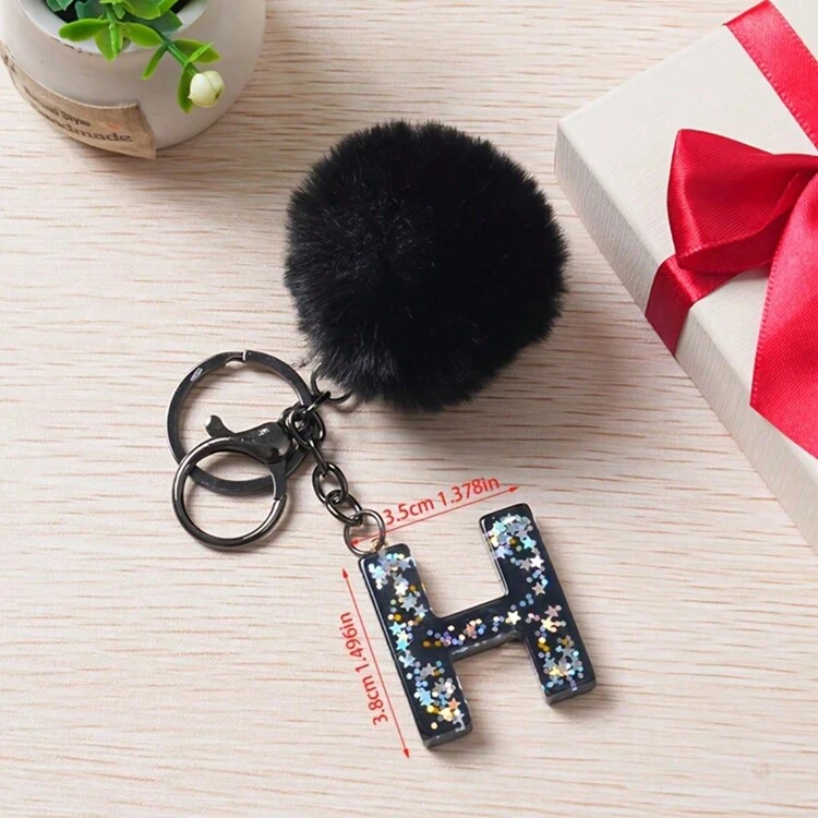 1 pieza Llavero con inicial de alfabeto, llavero de pompón de peluche lindo, llavero de resina con lentejuelas brillantes, colgante para bolsa, mochila, coche, accesorios para billetera y bolso, llavero con borlas, llavero de peluche con inicial de alfabeto A-Y - Negro - Añade 20