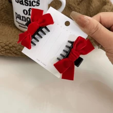 復古黑色髮夾,天鵝絨蝴蝶結設計,優雅女孩髮飾,適合瀏海或小髮片 - 紅色 - 查看 2