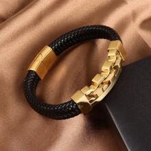 1pc Fashionable Men's Hollow Lock Buckle Chain Bracelet With Stainless Steel & Braided Leather Cord Creative Accessory - Gold - View 3