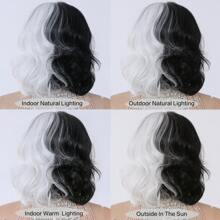 Cruella黑白色波浪中長發,12 吋帶瀏海,適用於cosplay、萬聖節派對、日常穿著 - 拼色 - 查看 10