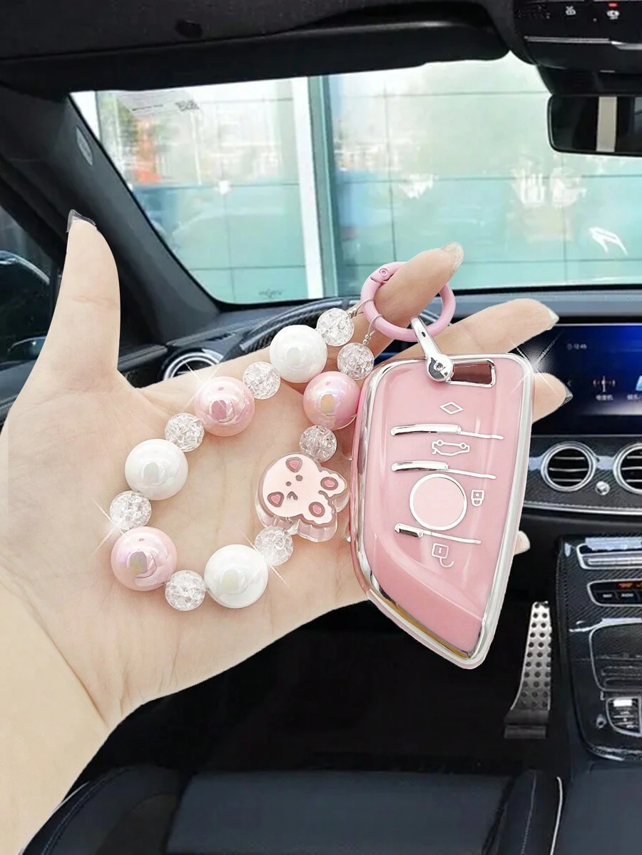可愛兔子彩色卡通吊墜珠鏈 + 粉色汽車防摔鑰匙套 + 適用於BMW鑰匙 5系、3系、X3、X1、X5、車、2系、1系、530外殼、325li鑰匙套、320li扣 - 粉色 - 查看 1
