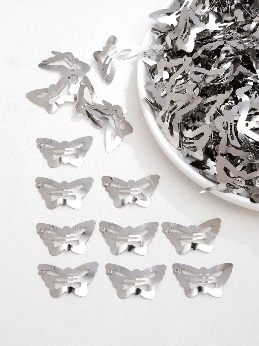 50pcs Girls' White & Brown Butterfly Hair Clips, Colored Butterfly Shaped Iron Bb Clips, Suitable For Daily Life Or Vacation - Silver - View 1