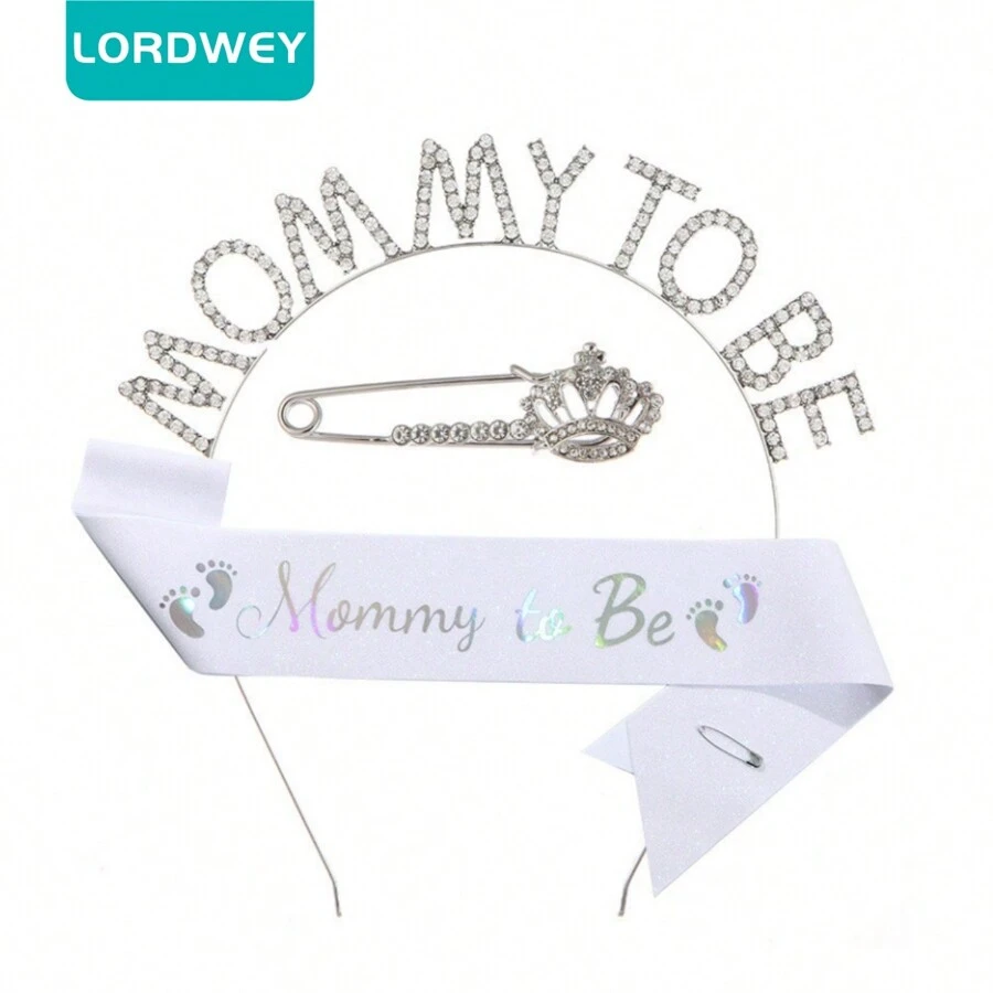 Lordwey 3入組媽咪臨盆派對頭帶緞帶胸針套組,爸爸臨盆緞帶揭曉 - 銀色 - 查看 1