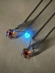 2入組情侶愛情發光骰子遊戲磁性心形可愛不鏽鋼鍊子吊墜項鍊情人節禮物 - 彩色 - 查看 3