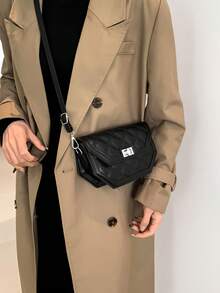 1入組翻蓋鎖扣pu鑽石拼接小方袋,縫線&鏈帶,時尚肩膀/斜背袋適合女性的日常、約會、送禮 - 黑色 - 查看 3