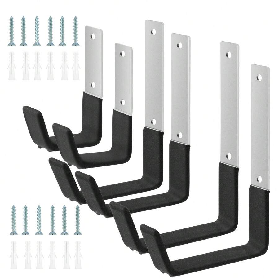 6Pcs Garage Utility Hook Set Wall Mounted Garage Storage Hanger Hook With Anti-Slip Coating And Screw Steel L-Shape Power Tool Wall Hanger Bike Ladder Hook Support 50lbs Max For Garden - Black - View 1