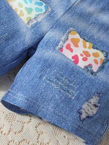 Young Girl's Casual Style Gradient Leopard Pattern Short-Sleeved Knit T-Shirt And Denim Shorts Set For Summer - Multicolor - View 6