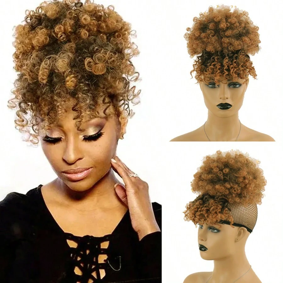 Tóc giả xoăn ngắn Kinky Headband cho phụ nữ Tóc giả xoăn Afro Tóc giả màu vàng Tóc giả cosplay xoăn tự nhiên Tóc giả tổng hợp - Hai tông màu - Xem 1