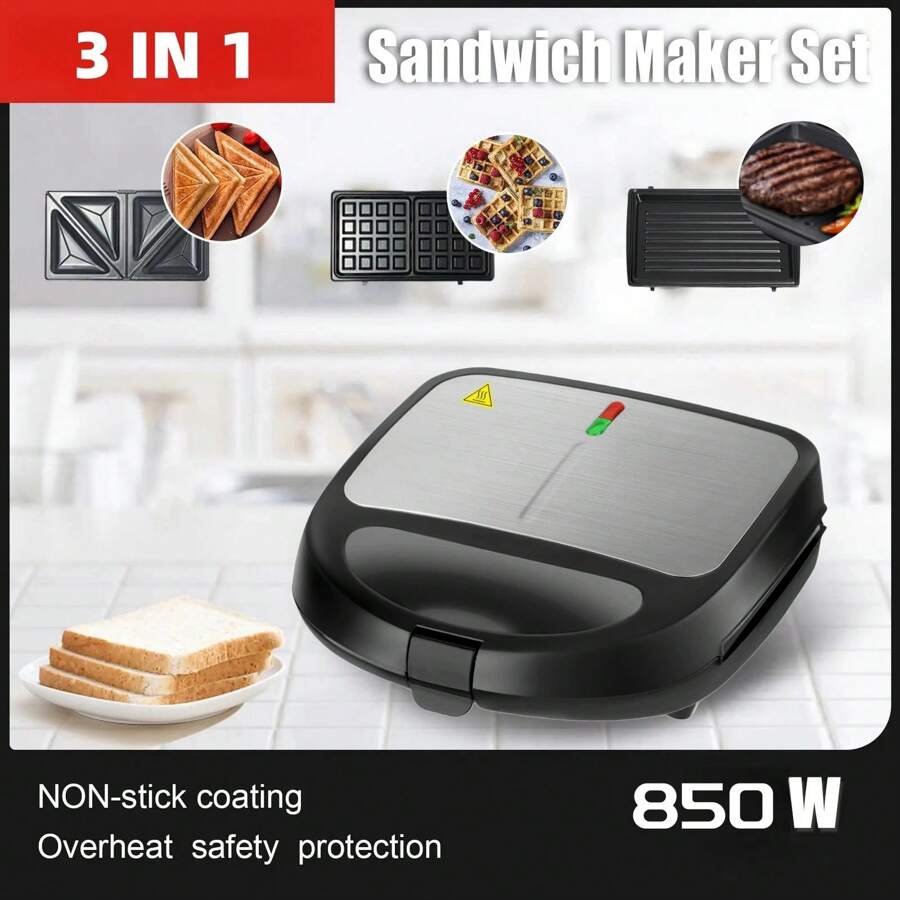 1入組850w 3合1牆插式格鬥烤鐵,三明治製造機和壓花烤盤,可拆卸不粘底板,用於製作烤芝士,金槍魚融化,漢堡,牛排和小吃,帶可拆卸板型的鬆餅製造機、美式鬆餅機、三明治製造機3合1,型號為sl-206b,黑色
