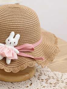 New Girl's Cute Princess Straw Hat With Rabbit Doll Sunscreen & Beach Cap For Travel & Daily Wear - Brown - View 5
