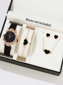 Bộ 5 chiếc đồng hồ nữ thời trang thường ngày dây da Pu dành cho nữ đồng hồ thạch anh kèm vòng tay hình trái tim màu đen, vòng cổ, khuyên tai ngày lễ tình nhân - màu đen - Xem 1