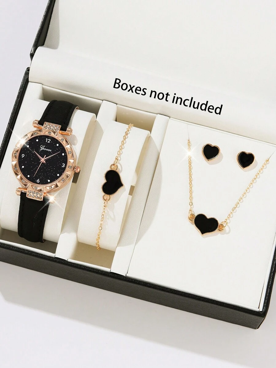 Bộ 5 chiếc đồng hồ nữ thời trang thường ngày dây da Pu dành cho nữ đồng hồ thạch anh kèm vòng tay hình trái tim màu đen, vòng cổ, khuyên tai ngày lễ tình nhân - màu đen - Xem 1