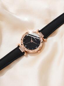 Bộ 5 chiếc đồng hồ nữ thời trang thường ngày dây da Pu dành cho nữ đồng hồ thạch anh kèm vòng tay hình trái tim màu đen, vòng cổ, khuyên tai ngày lễ tình nhân - màu đen - Xem 3