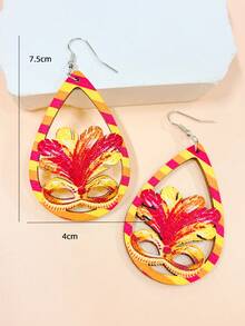 1對木製雕空馬蒂蓋拉斯帽子 & 小丑帽 & 印花口罩垂墜耳環,hip-hop 派對萬聖節女裝戲服配件,完美的朋友約會禮物 - 彩色 - 查看 8