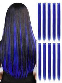 10入組藍色多彩夾式直髮接髮,高光色調,適合日常穿著,派對,服裝和cosplay女孩皇家派對亮色直髮接髮,長22英寸