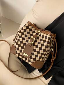 Retro Diamond Pattern Bucket Bag With High-End Feel, Crossbody Bag For Girls - Brown - View 5