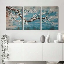 3 幅蓝湖墙艺术彩绘花卉油画帆布画廊包裹现代花卉艺术品适用于客厅卧室装饰家居装饰无框架 - 彩色 - 查看 5