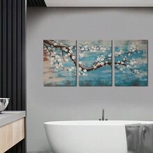 3 幅蓝湖墙艺术彩绘花卉油画帆布画廊包裹现代花卉艺术品适用于客厅卧室装饰家居装饰无框架 - 彩色 - 查看 4