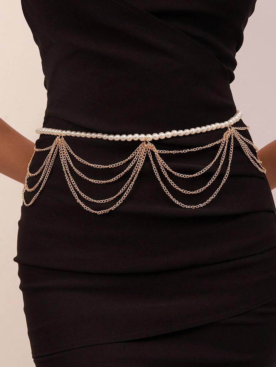 1 chiếc Dây chuyền kim loại tua rua nhiều lớp cho cô dâu nữ, Phụ kiện thời trang Vogue phù hợp với váy, váy cưới, trang phục trang trọng - Vàng - Xem 1