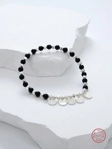 1 件個人化時尚 925 純銀和黑瑪瑙手鍊,適合日常佩戴 - 黑與白 - 查看 2