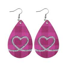 1對時尚創意雙面pu皮格子心形和水滴裝飾吊墜耳環,適用於日常穿著或晚禮服配件,作為情人節送女友的禮物 - 粉色 - 查看 5