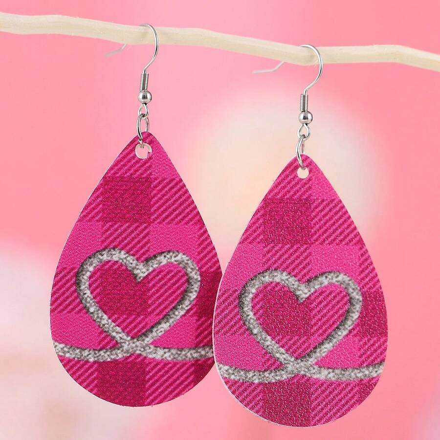 1對時尚創意雙面pu皮格子心形和水滴裝飾吊墜耳環,適用於日常穿著或晚禮服配件,作為情人節送女友的禮物 - 粉色 - 查看 1