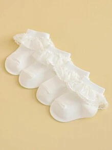 4 pares de calcetines lisos de estilo princesa con borde de encaje blanco, suave y cómodo para bebé niña