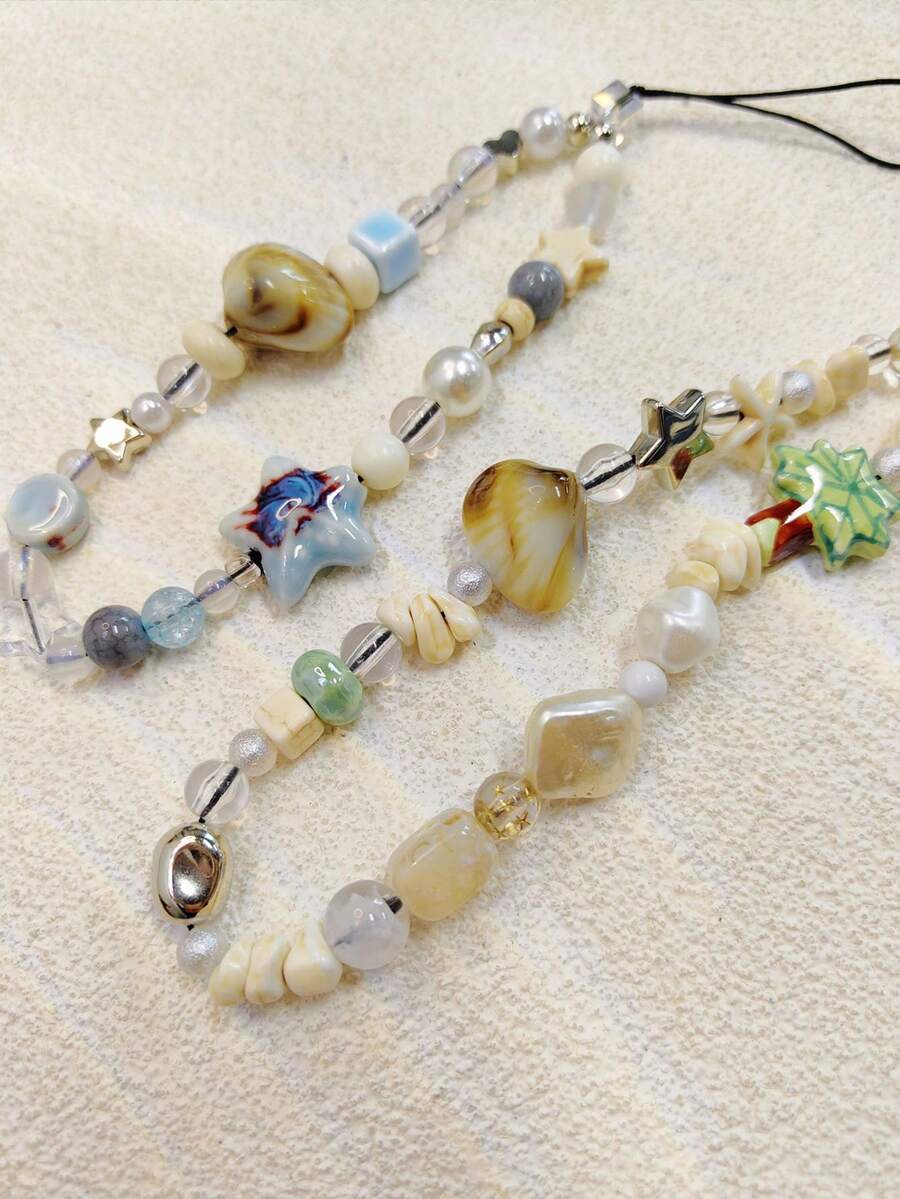 1pc Y2k Style Shell & Star & Beaded Keychain Diy Mobile Phone Lanyard, Suitable For Phone Cases, Ccd Cameras And Hand-Held Bags. - Multicolor - View 1
