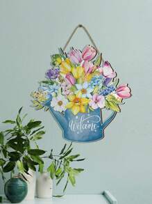 1pc Spring Flower Welcome Door Sign,Wooden Hanging Sign,Rustic Farmhouse Wall Pediment For Front Door,Home Decoration. - Flower Kettle - View 2
