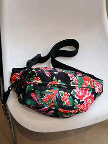 時尚個性化的多功能斜跨胸包、腰包和跑步背包,具有多個間隔和大花卉印花,適用於戶外運動 - 黑色 - 查看 1