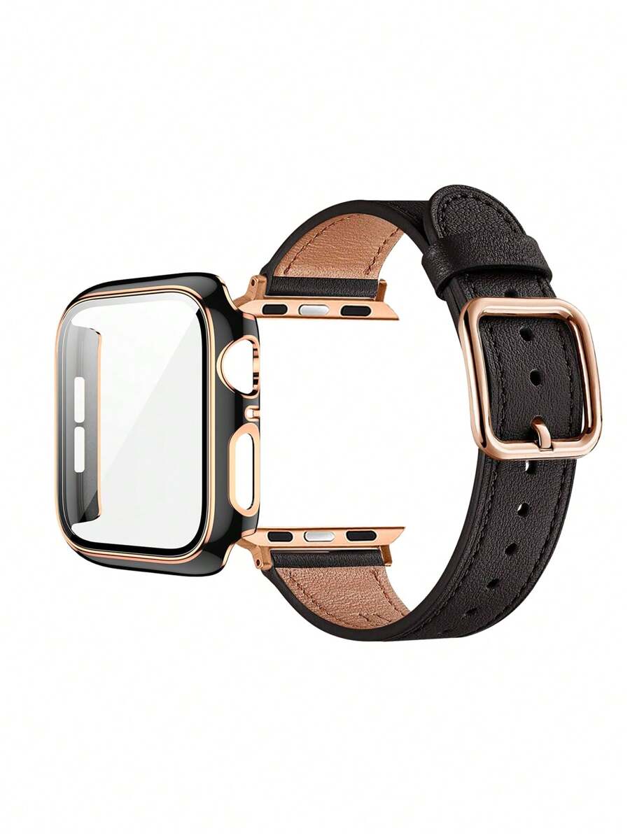 Bộ 2 dây đeo tương thích với Apple Watch, khung nhựa cứng màu đen với viền vàng hồng, bao gồm miếng dán bảo vệ màn hình, vỏ bảo vệ đồng hồ chống sốc chống trầy xước 2 trong 1, kết hợp với dây đeo đồng hồ bằng da mềm mại và thoải mái, phù hợp với dòng Ultra 3/2/1, SE, S10/S9/S8/S7/S6/S5/S4/S3/S2/S1, 38mm/40mm/41mm/42mm/44mm/45mm/46mm/49mm - màu đen - Xem 1