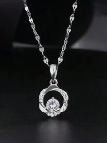 1pc New Design 999 Pure Silver & Pendant Necklace, Collarbone Length Necklace As A Fashionable Simple Gift For Girlfriend - Silver - View 7