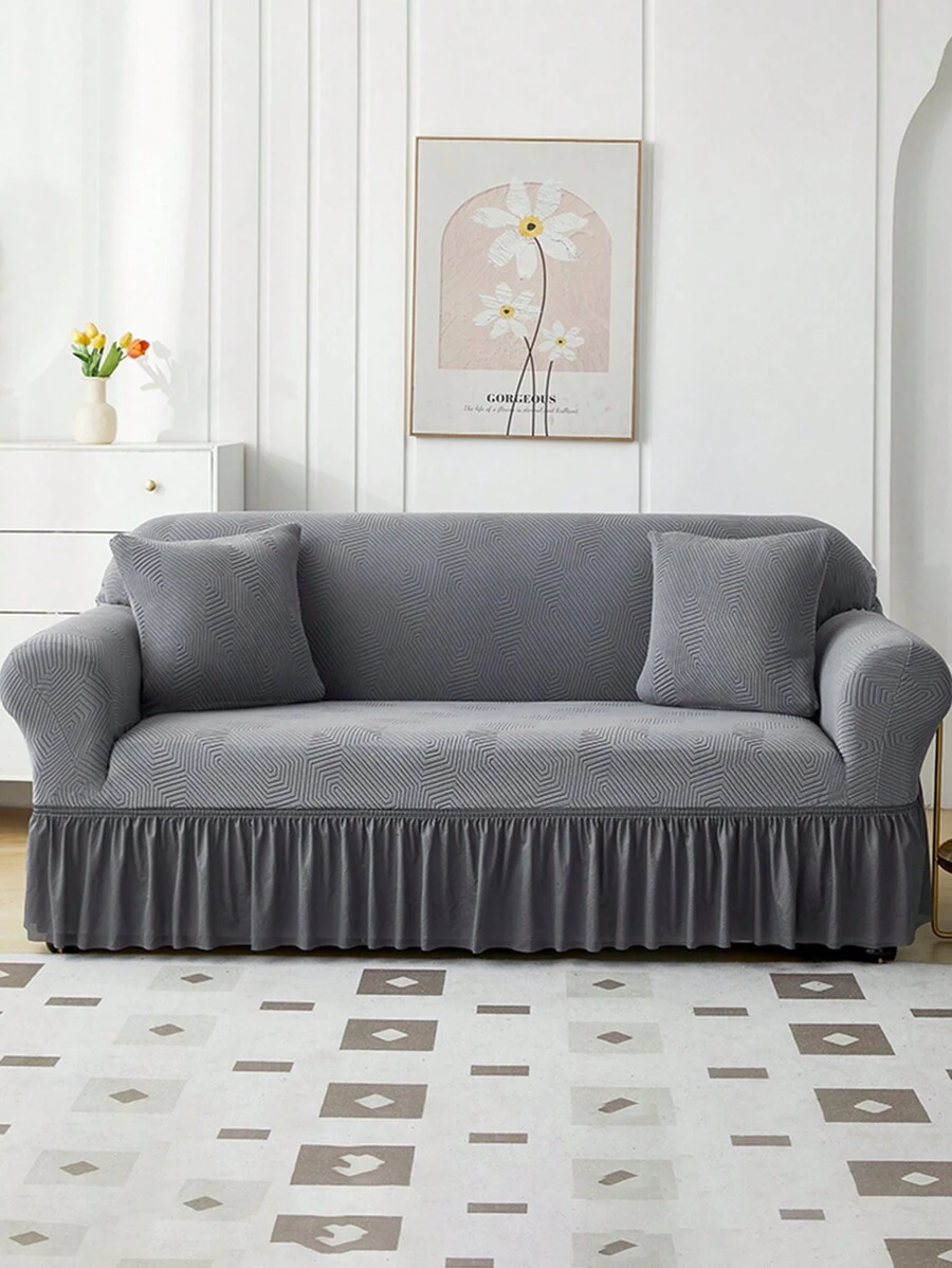 1 bucată husă elastică pentru canapea, fibră de poliester în stil modern, cu design de fustă cu model geometric, protecție antipraf și anti-alunecare, potrivire universală pentru canapea cu 1/2/3/4 locuri, toate anotimpurile