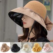1入女士寬邊太陽帽，帶有蝴蝶結和收納功能，夏季戶外活動遮陽帽 - 彩色 - 查看 1