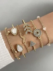 5入組綠色珠子編織桃心吊墜圓盤三角形綠松石手鍊,適用於女性派對禮物（綠松石紋路隨機,珠子數量因款式有所不同） - 25850 - 查看 6