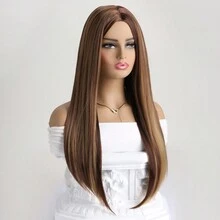 26英寸女士時尚棕色漸層合成纖維長直髮假髮，自然中分瀏海，高溫耐熱材料，適合日常穿着、萬聖節裝扮和聚會 - 間色 - 查看 5