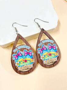 1對卡通木製和水滴形狀中空耳環,帶有復活節兔子,汽車和快樂復活節彩蛋形吊墜,適用於派對或節日裝扮,是給朋友的好禮物 - 彩色 - 查看 16