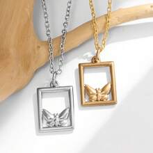 1條時尚不銹鋼情侶方形蝴蝶吊墜項鍊 - 金色 - 查看 1
