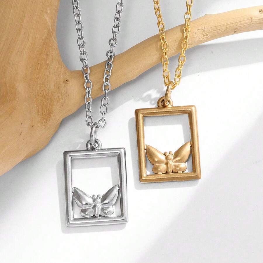 1條時尚不銹鋼情侶方形蝴蝶吊墜項鍊 - 金色 - 查看 1