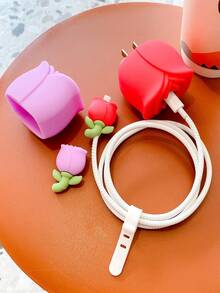 4入組/套卡通可愛紫色鬱金香花形手機充電器和電纜保護套，適用於蘋果18/20W充電器和電纜，防止刮傷、污垢和撞擊 - 紫色 - 查看 3