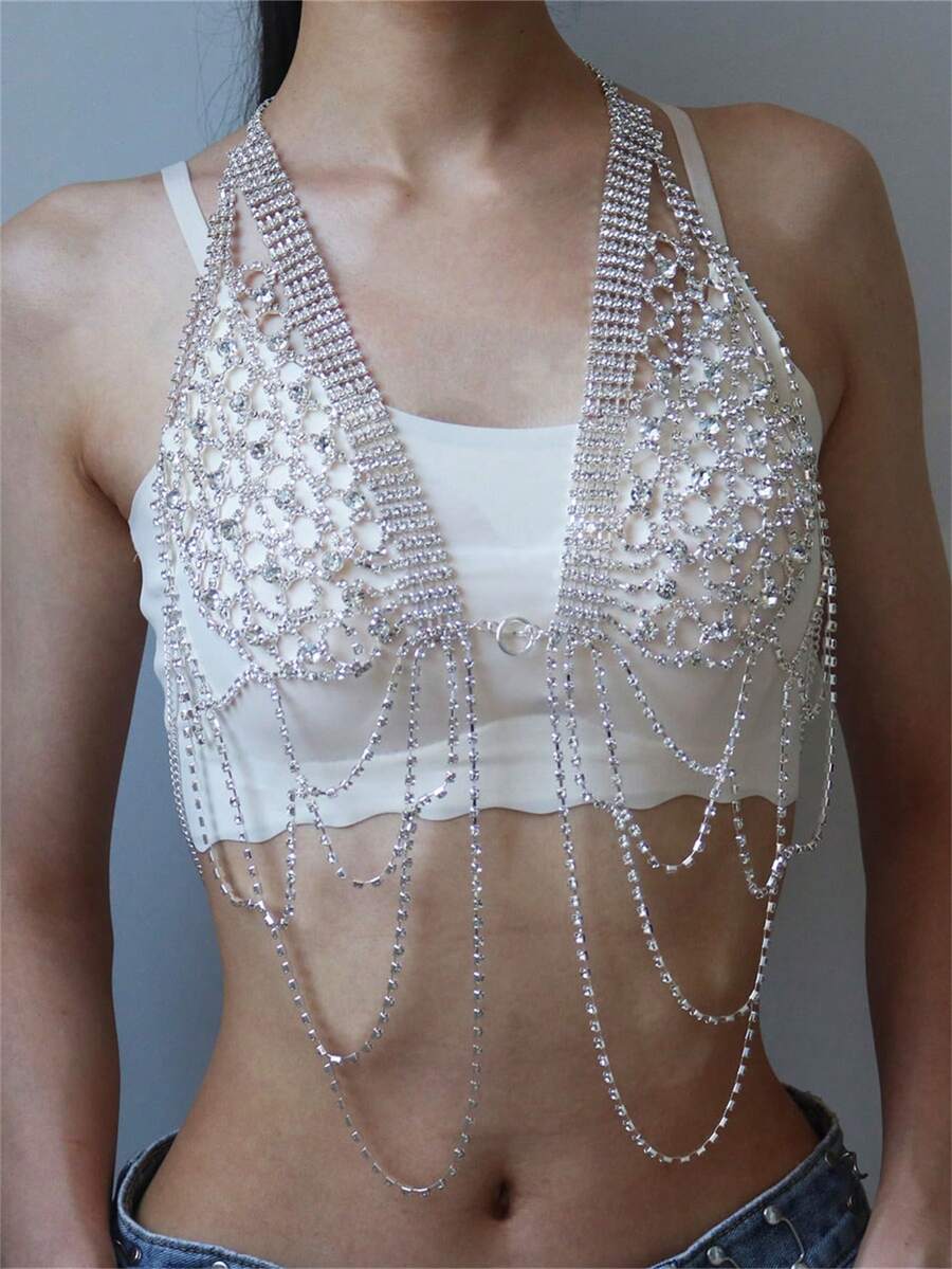 1pc Sexy Flower Shape Rhinestone Body Chain For Women's Beach Bikini Jewelry - Silver - View 1