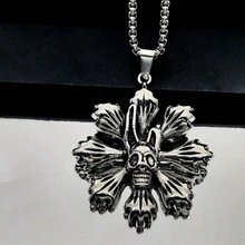 1 件男士欧美钛钢花朵骷髅头吊坠个性朋克项链复古不锈钢骷髅花项链 - 復古銀色 - 查看 1