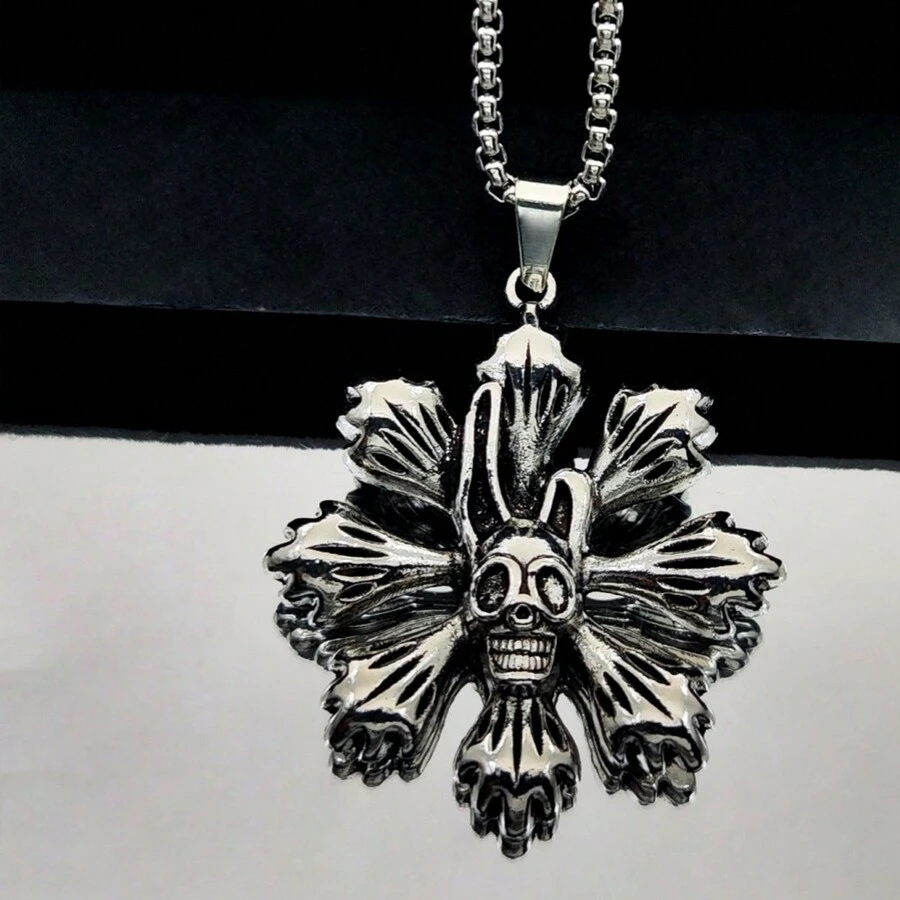 1 件男士欧美钛钢花朵骷髅头吊坠个性朋克项链复古不锈钢骷髅花项链 - 復古銀色 - 查看 1