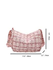 1 Pc Women's Contrast Checked Corduroy Zip Closed Fashion Shoulder Bag Suitable For Daily Office Workers' Schools In Autumn And Winter - Pink - View 3