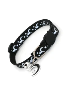 1pc Golden & Glow In The Dark Cat & Dog Collar With Star, Moon & Bell Pendant - Festival Decorative Cat Collar Necklace - Black - View 3