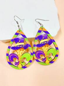 1對木製雕空馬蒂蓋拉斯帽子 & 小丑帽 & 印花口罩垂墜耳環,hip-hop 派對萬聖節女裝戲服配件,完美的朋友約會禮物 - 彩色 - 查看 17