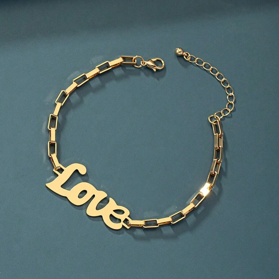 1 件时尚粗链嘻哈个性镂空字母金属手链夸张朋克风格手饰情人节礼物 - 金色 - 查看 1